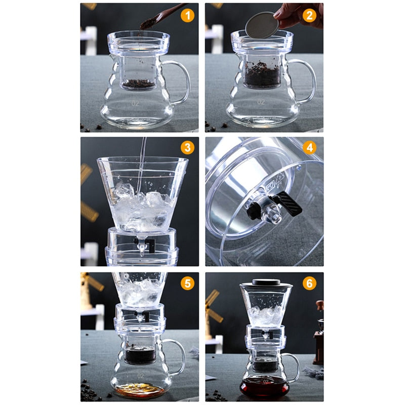 500ml Ice Drip Coffee Pot Glass Coffee Maker Regulatable Dripper Filter Cold Brew Pots Ice Brewer Percolators Espresso Coffee FU